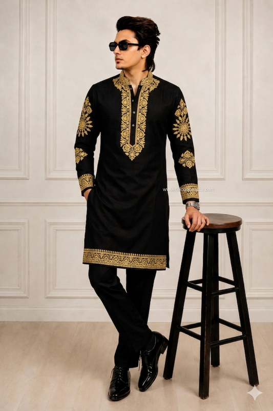 Golden Zari Embroidered Kurta Pant Combo