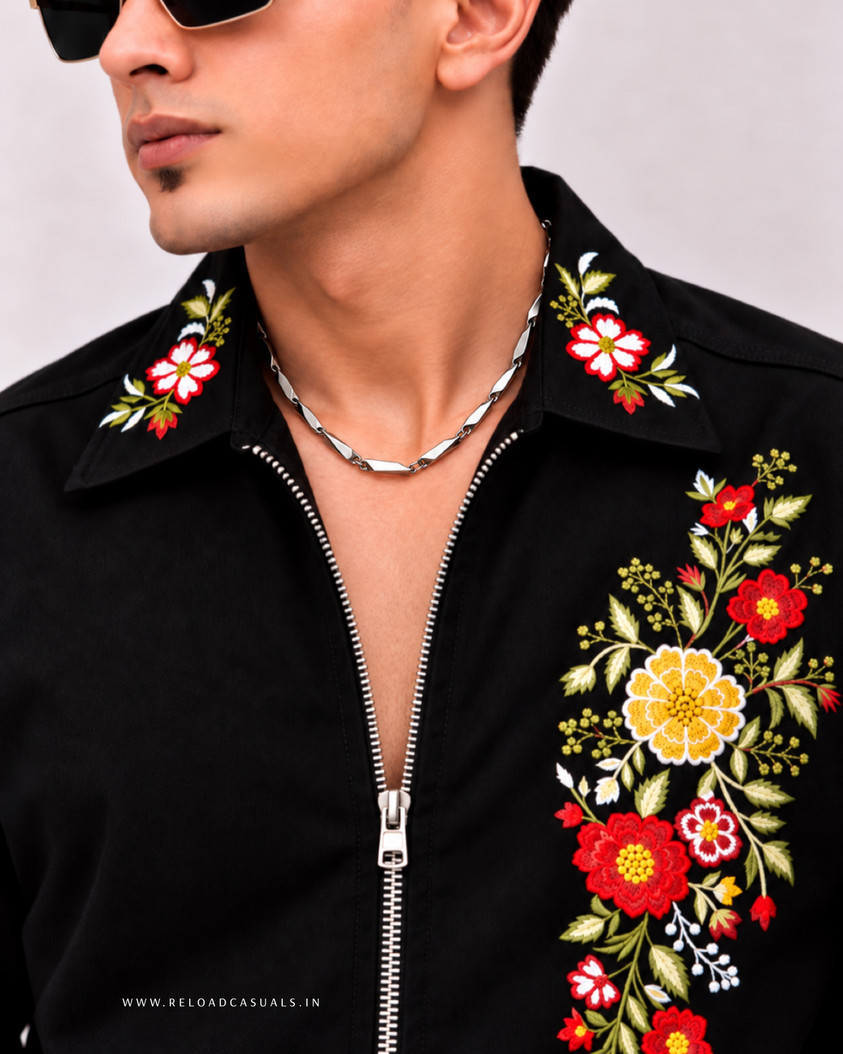 Men's Flower Embroidery Zip Shirt