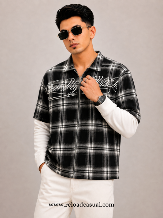 Plaid Boxy Fit Checks Zip Shirt