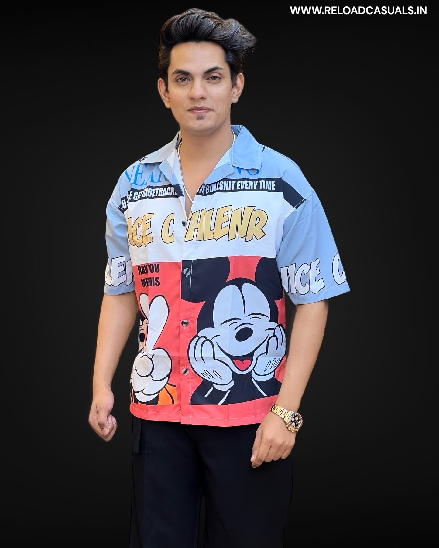 Micky Color Block Cartoon Print Half Shirt