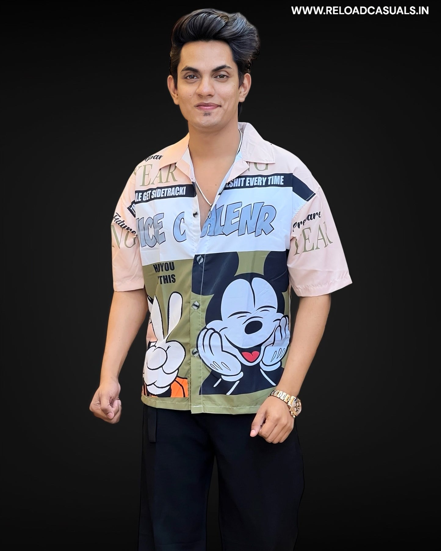 Micky Color Block Cartoon Print Half Shirt