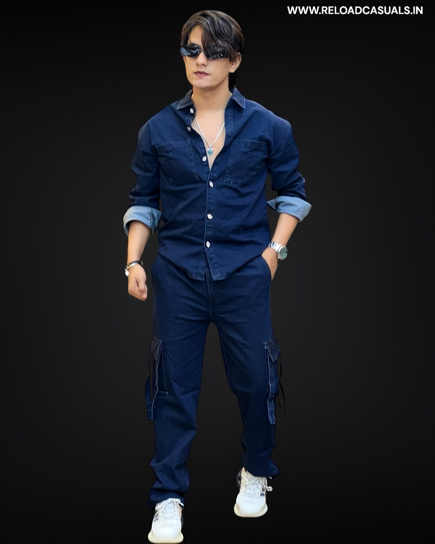 Solid Cargo Denim Track Suit Combo
