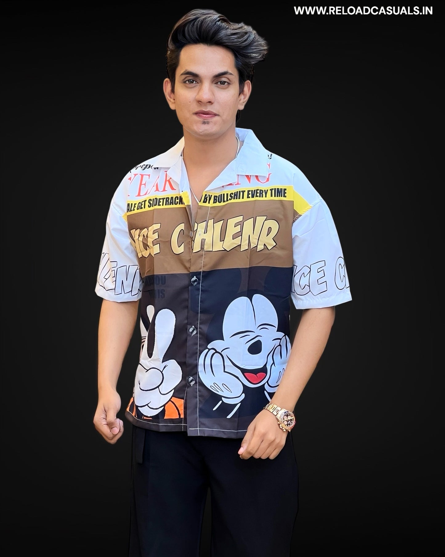 Micky Color Block Cartoon Print Half Shirt