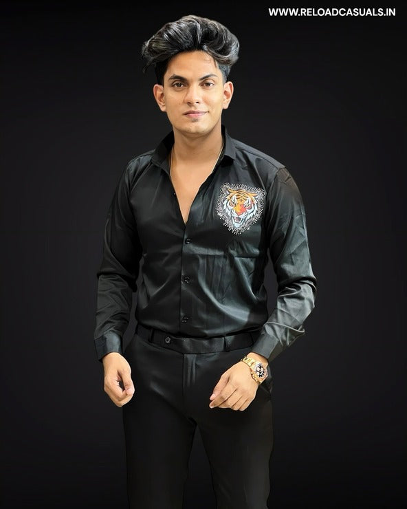 Back Colorful Tiger Diamond Satin Shirt