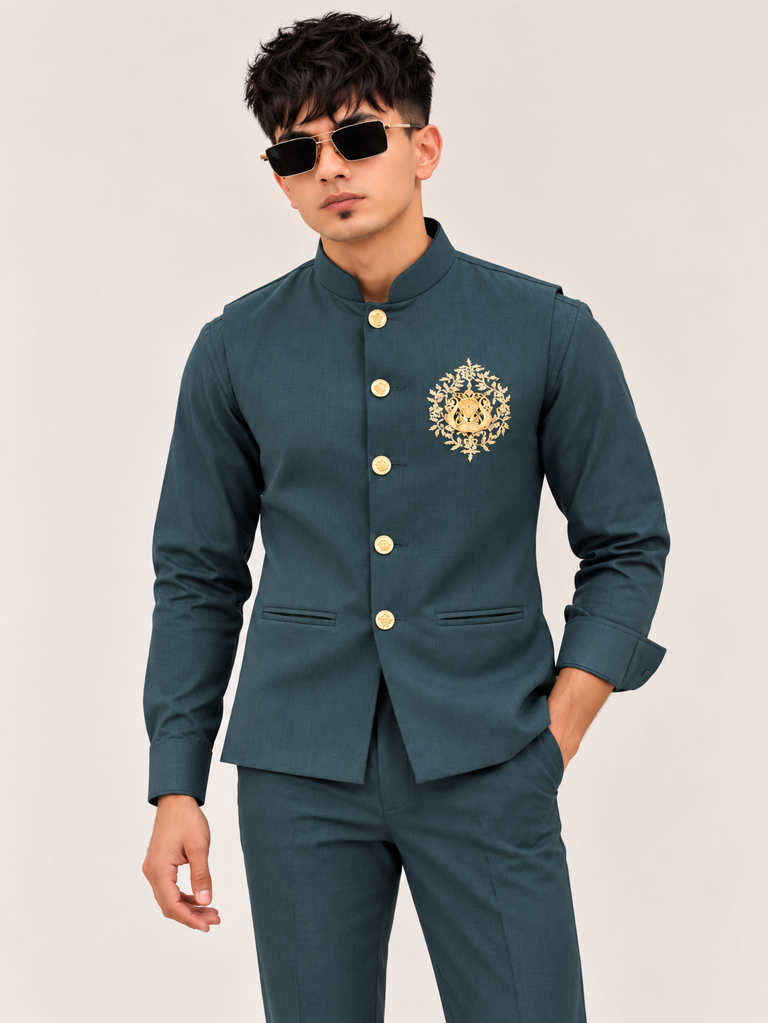 Lion Handwork Three Pcs Bootcut Sadri