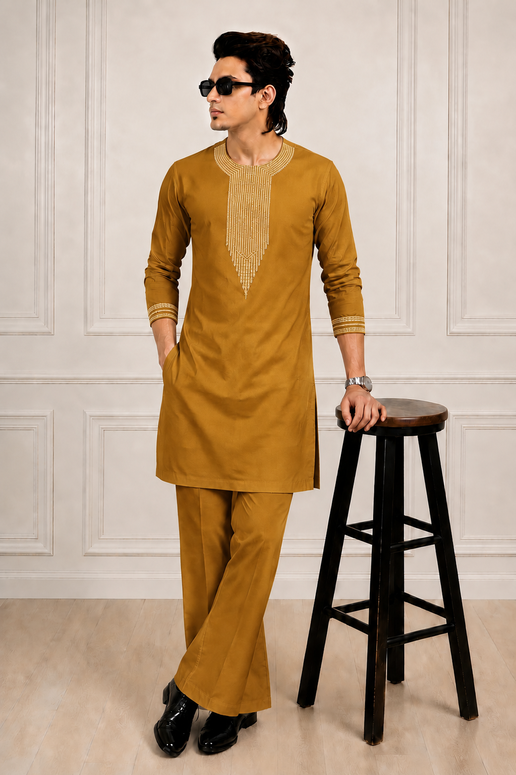 Elegant GoldLine Threadwork Bootcut Kurta Set