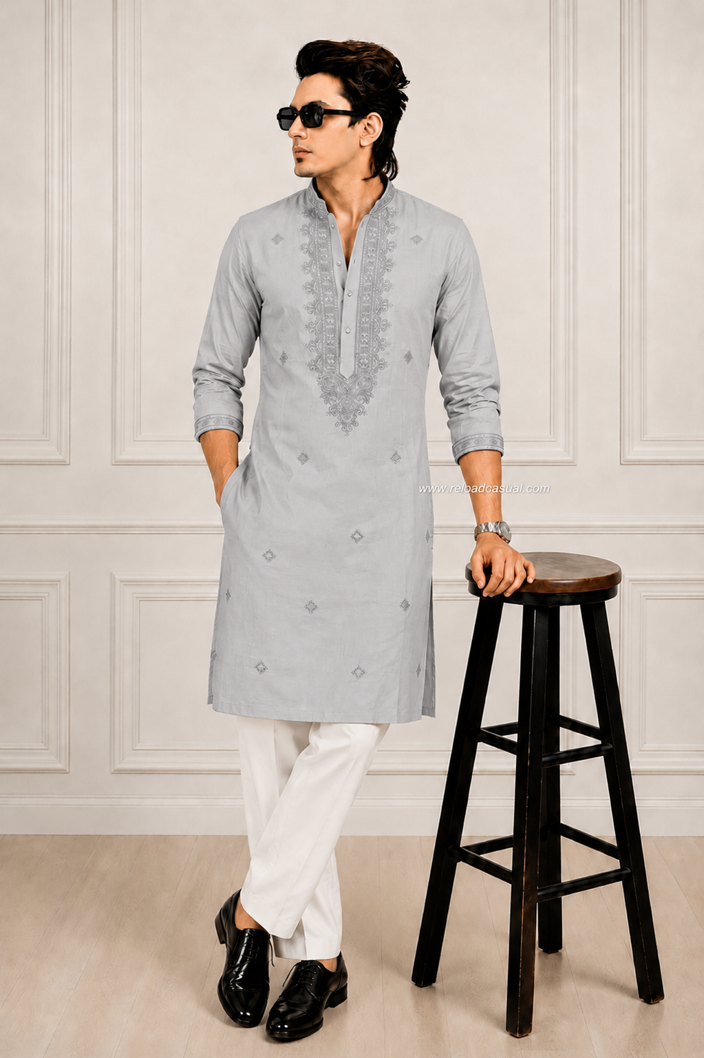 Embroidered Mandarin Collar Kurta Pajama set