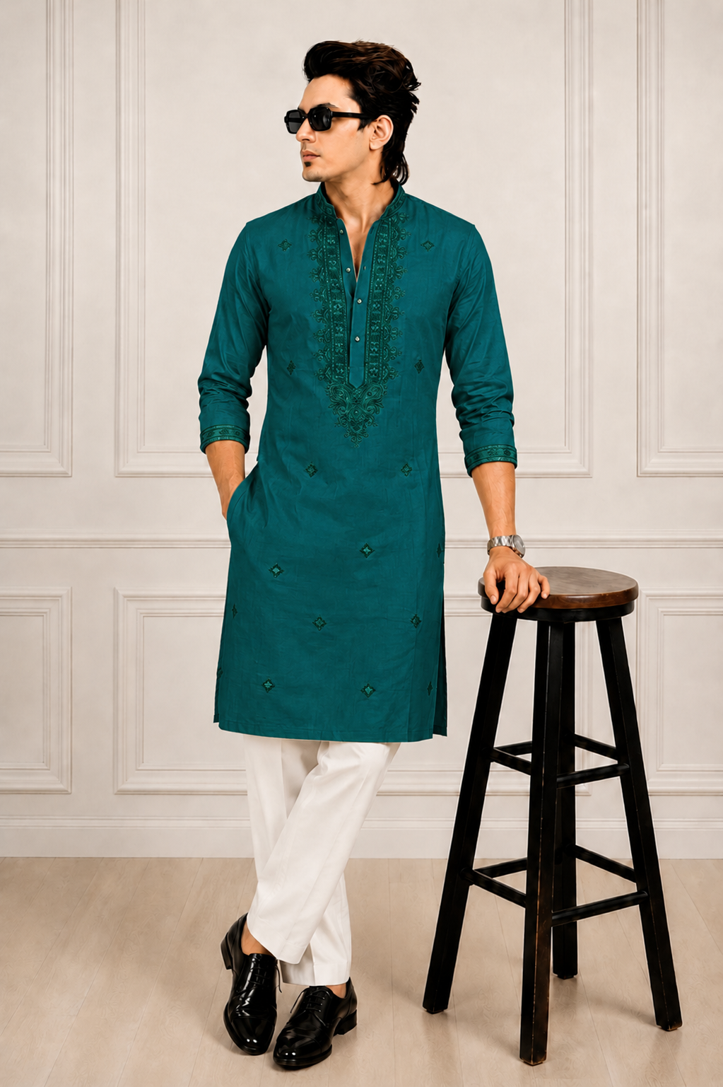 Embroidered Mandarin Collar Kurta Pajama set