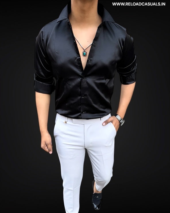 Plain Satin Shirt  - Black