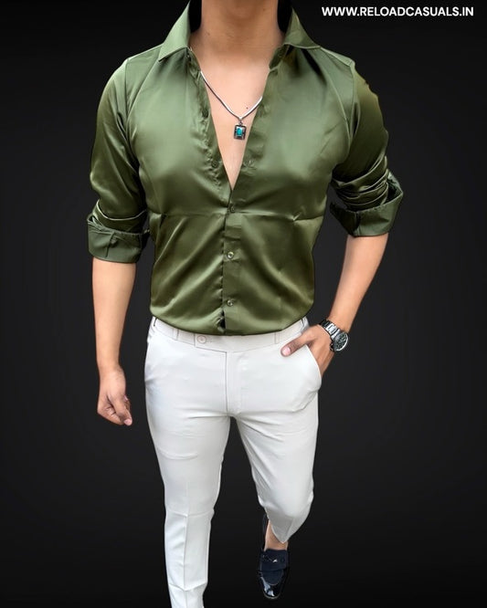 Plain Satin Shirt  - Bottle Green