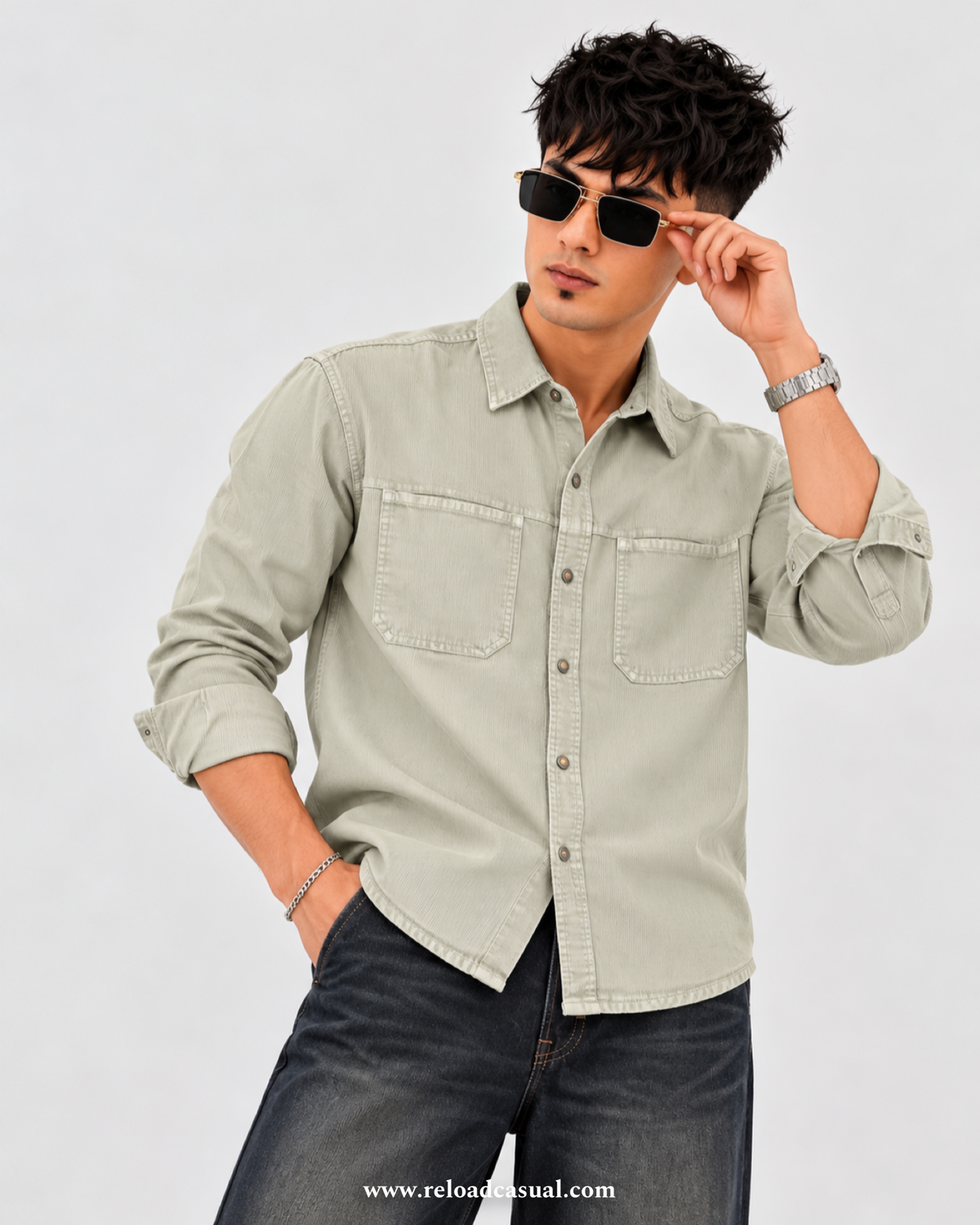 Touch Button Denim Corduroy Shirt
