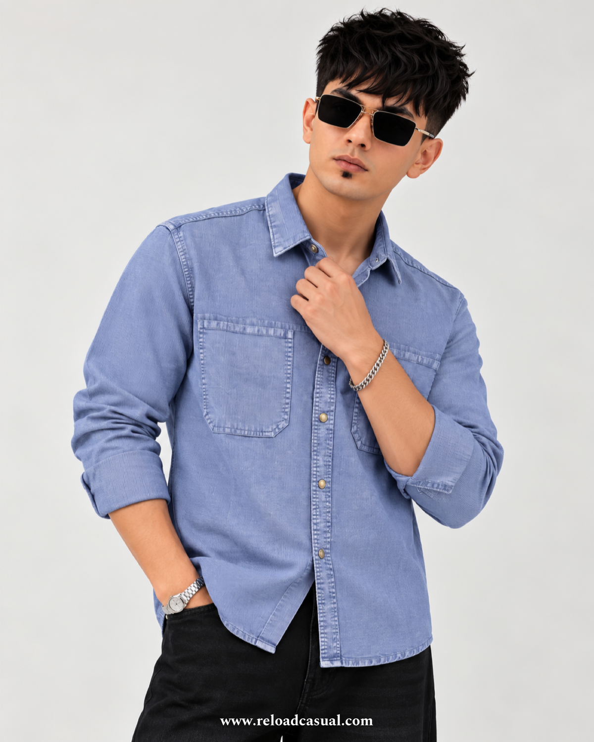 Touch Button Denim Corduroy Shirt