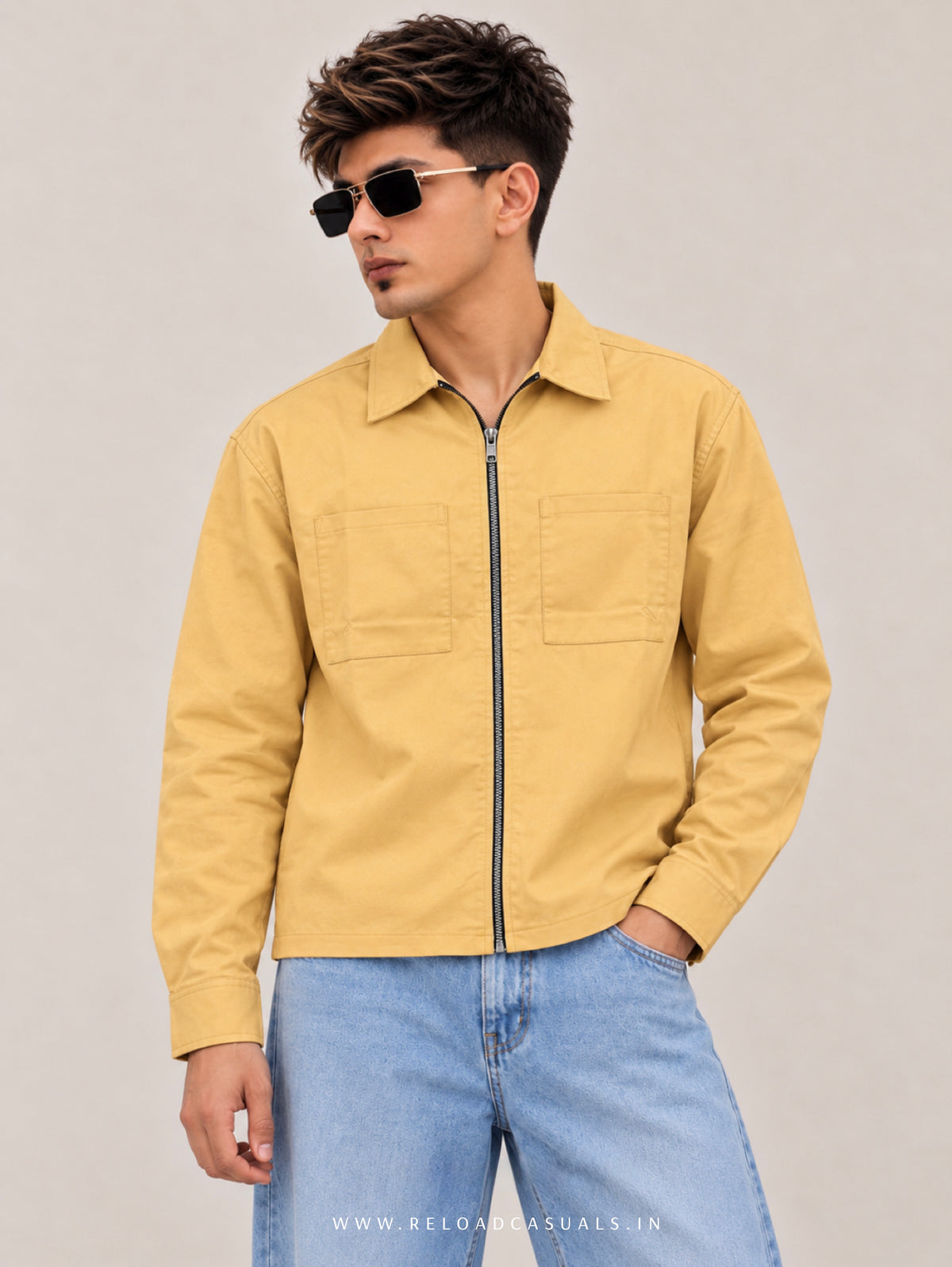 Plain Boxy Double Pocket Zipper Shirt