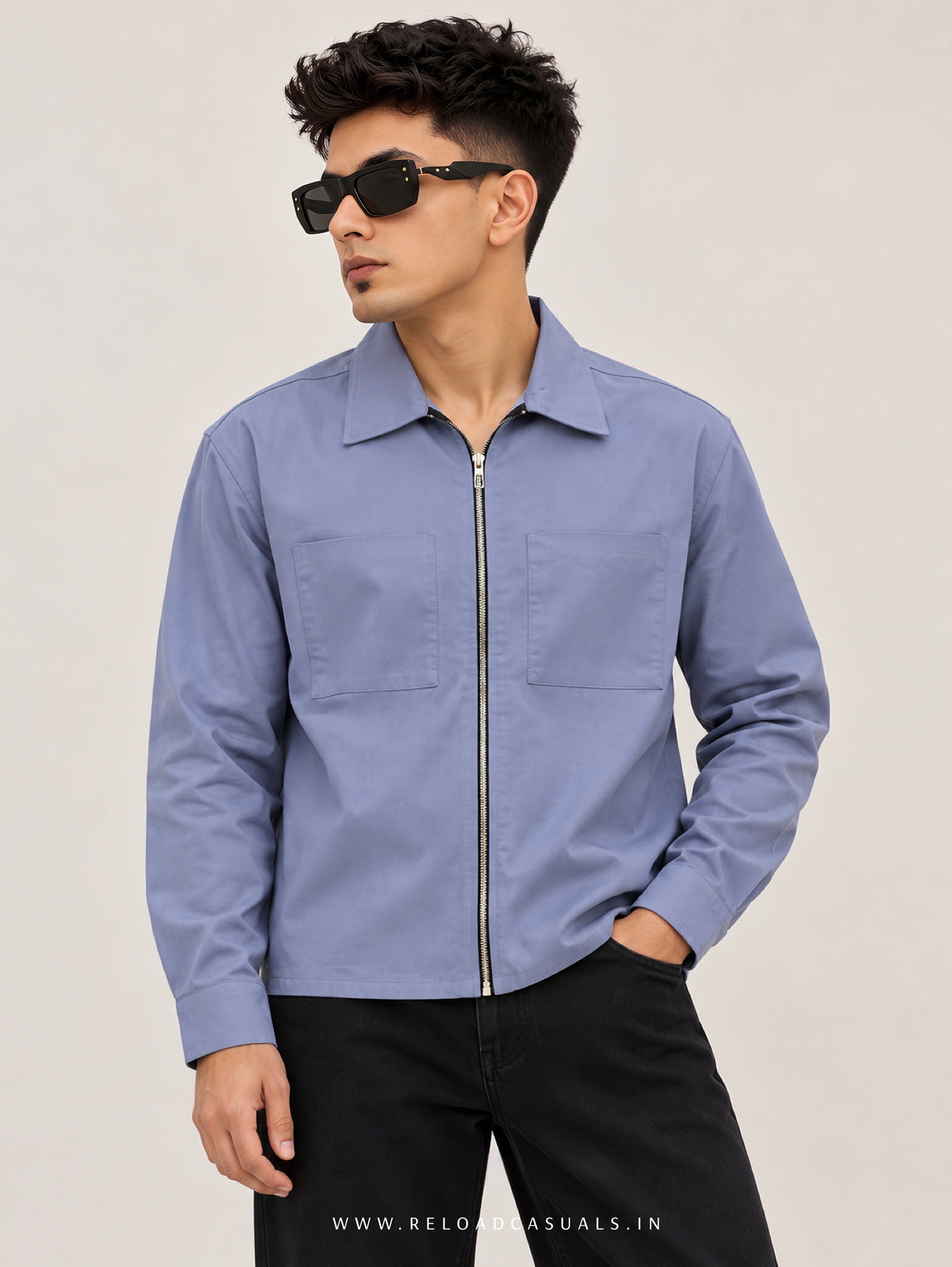 Plain Boxy Double Pocket Zipper Shirt