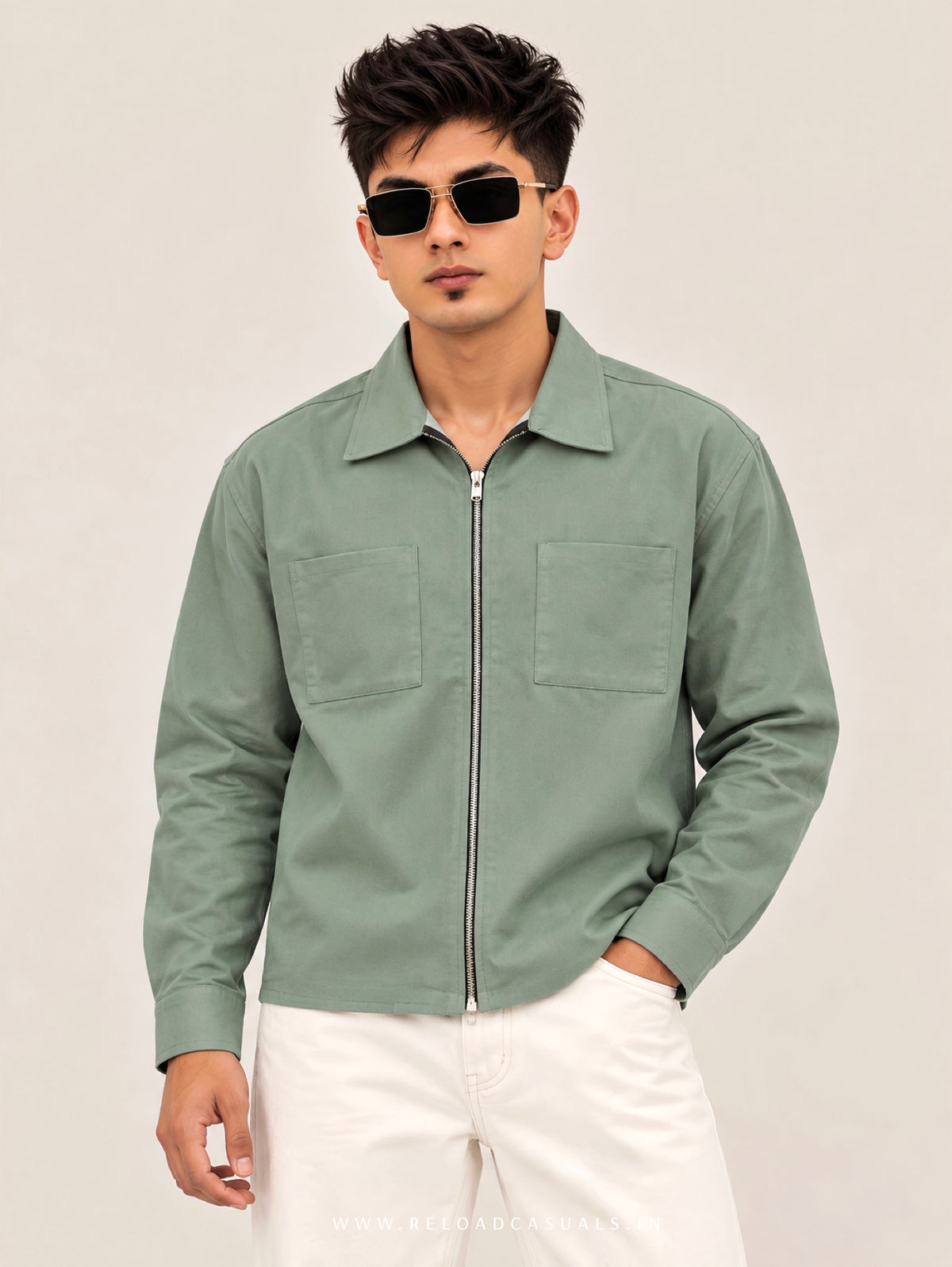 Plain Boxy Double Pocket Zipper Shirt