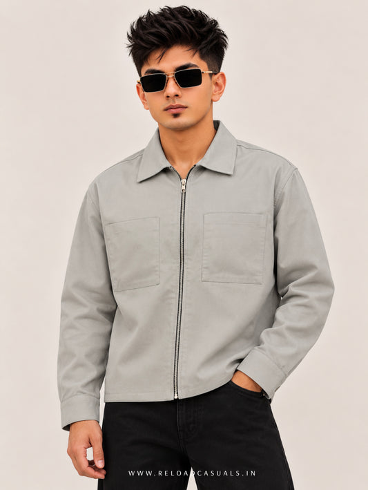 Plain Boxy Double Pocket Zipper Shirt