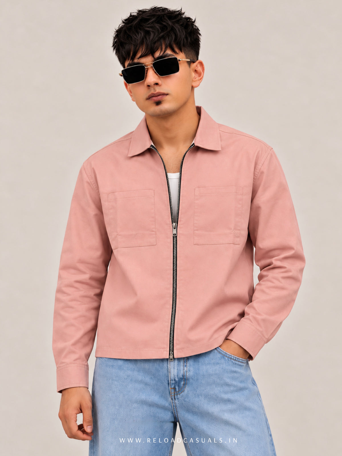 Plain Boxy Double Pocket Zipper Shirt