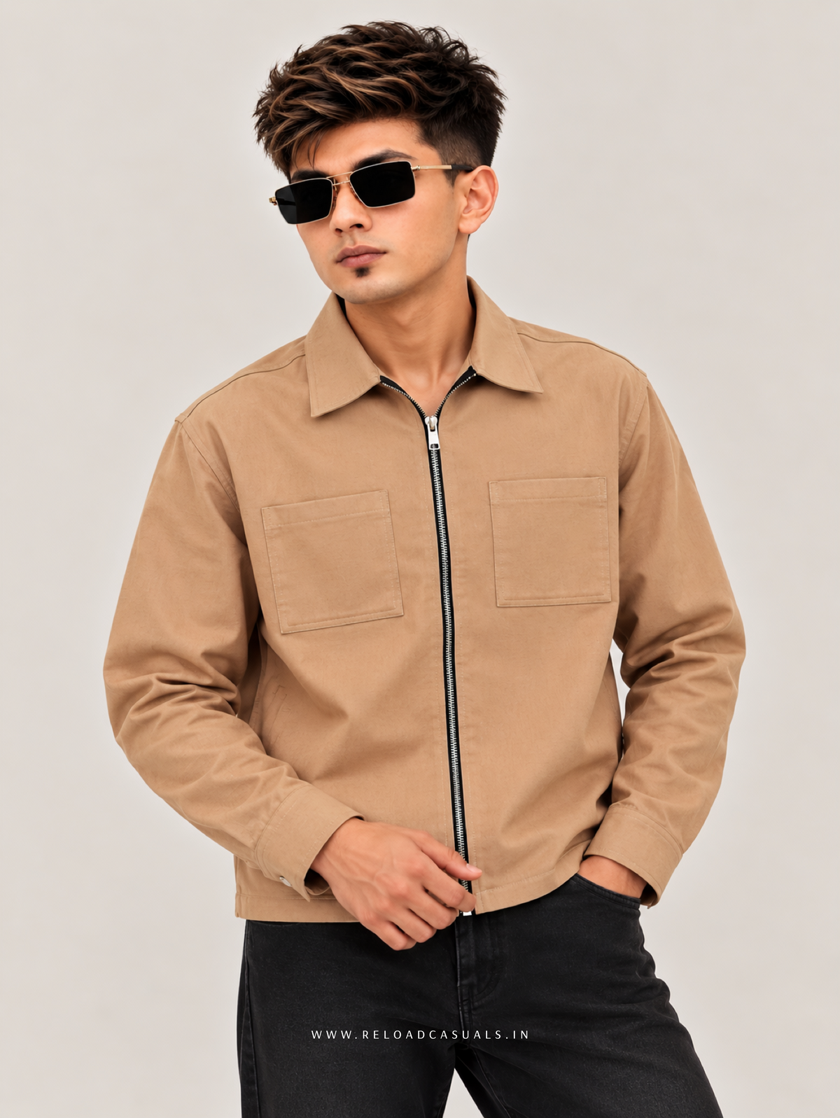 Plain Boxy Double Pocket Zipper Shirt