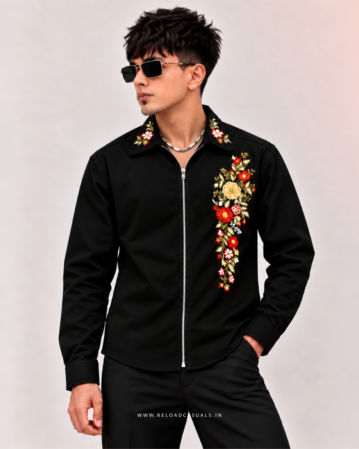 Men's Flower Embroidery Zip Shirt
