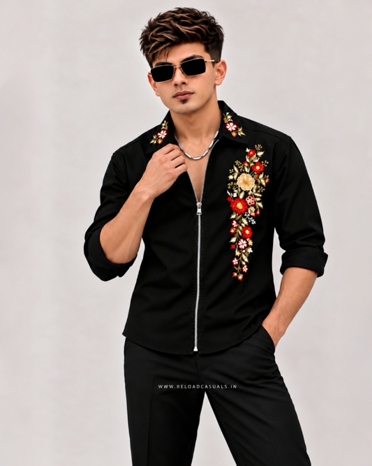 Men's Flower Embroidery Zip Shirt