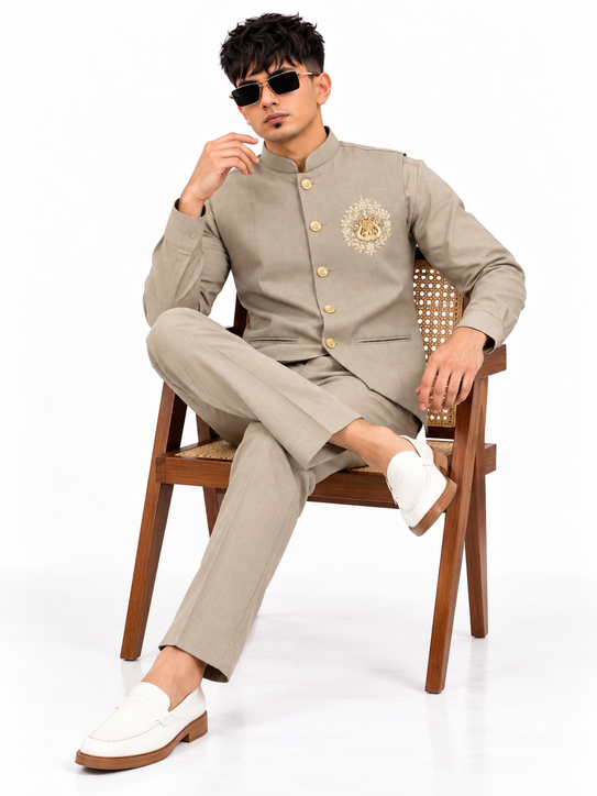 Lion Handwork Three Pcs Bootcut Sadri