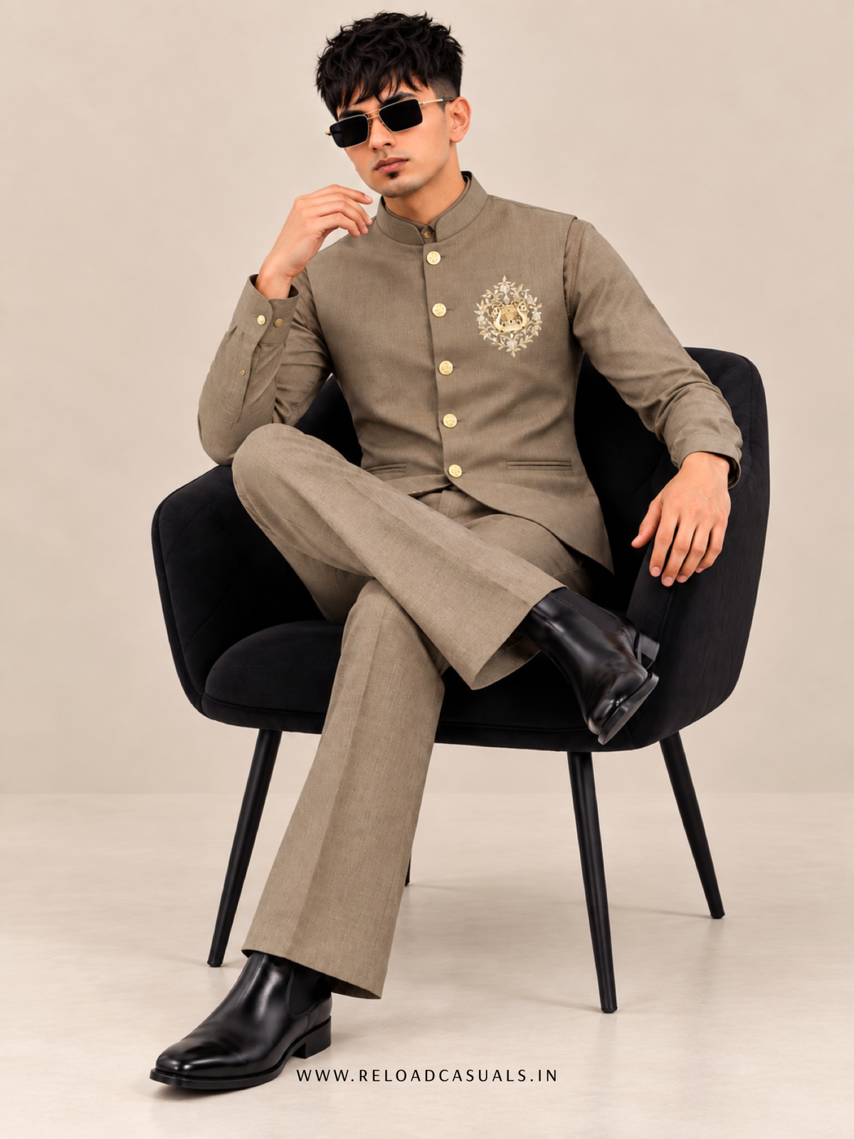 Lion Handwork Three Pcs Bootcut Sadri