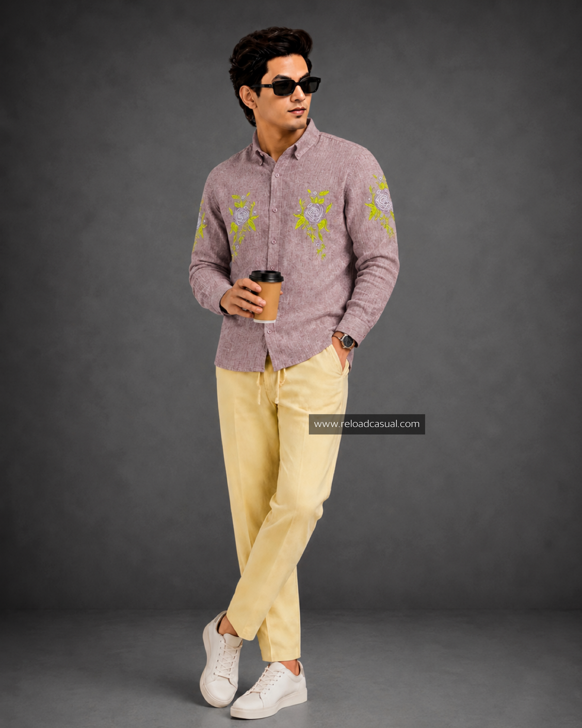 Men’s Floral Embroidery Design Linen Co-ord Set