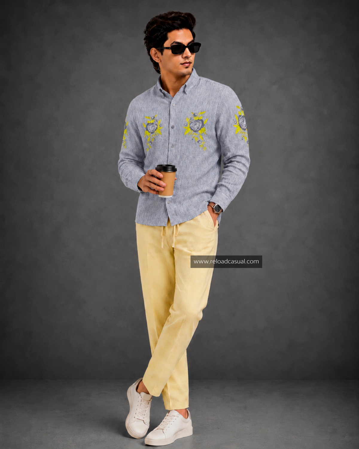 Men’s Floral Embroidery Design Linen Co-ord Set