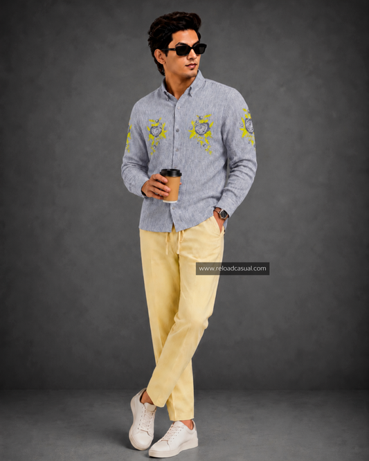 Men’s Floral Embroidery Design Linen Co-ord Set