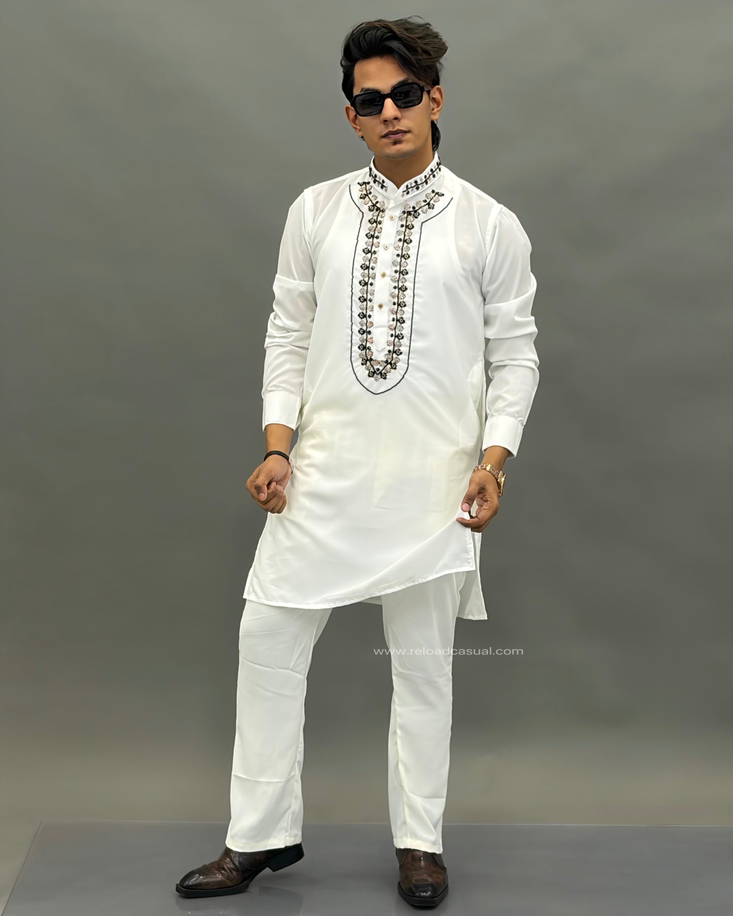 Diamond Embroidered Mandarin Bootcut Kurta Set