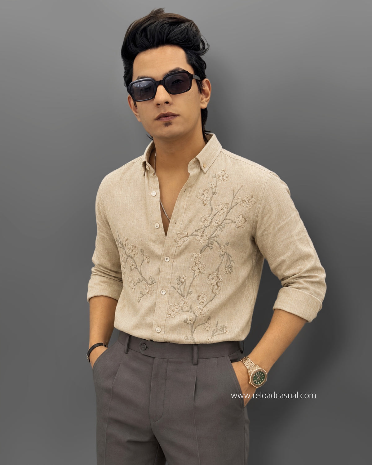 Men's Nature Flow Embroidery Design Linen Shirt