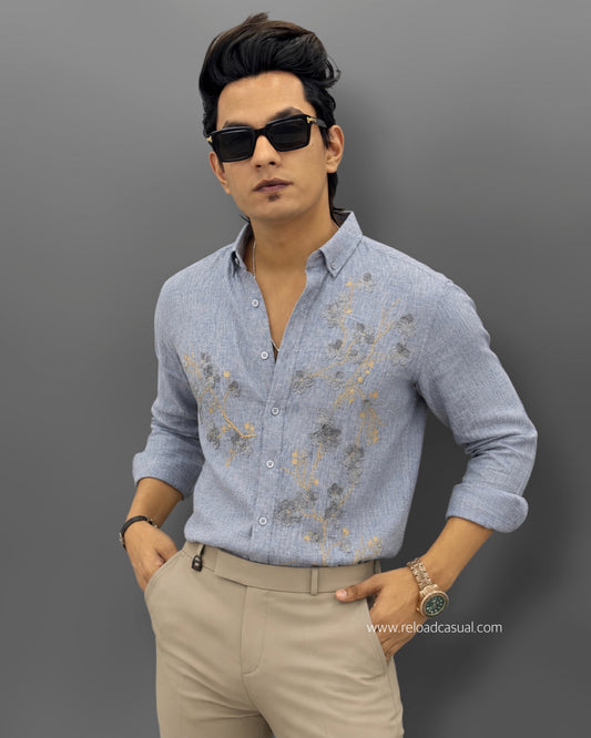 Men's Nature Flow Embroidery Design Linen Shirt