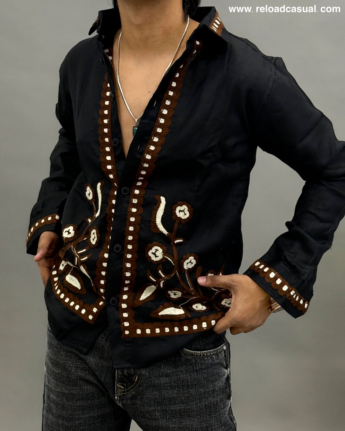 Floral Border Embroidered Shirt