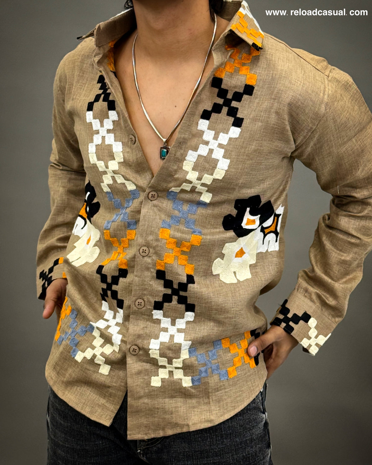 Cultural Grid Embroidered Casual Shirt