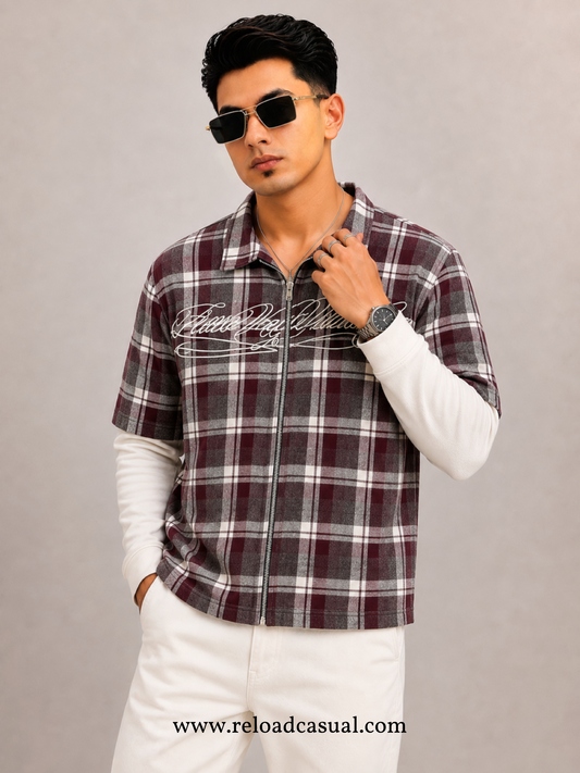 Plaid Boxy Fit Checks Zip Shirt