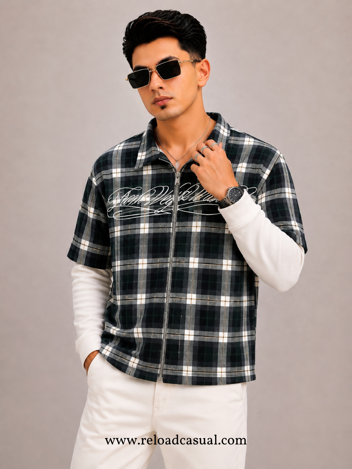 Plaid Boxy Fit Checks Zip Shirt