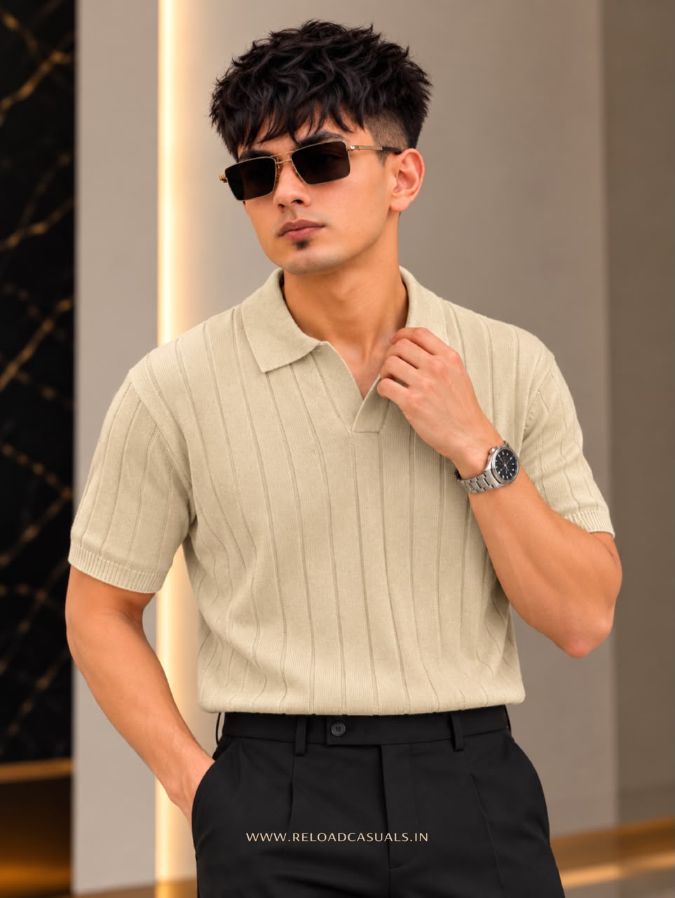 Mens Vertical Rib Knit T-Shirt