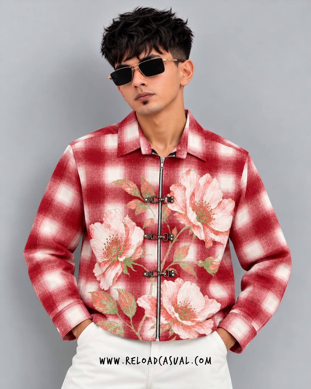 Flower Lock Clasp Check Zip-Up Boxy Shirt