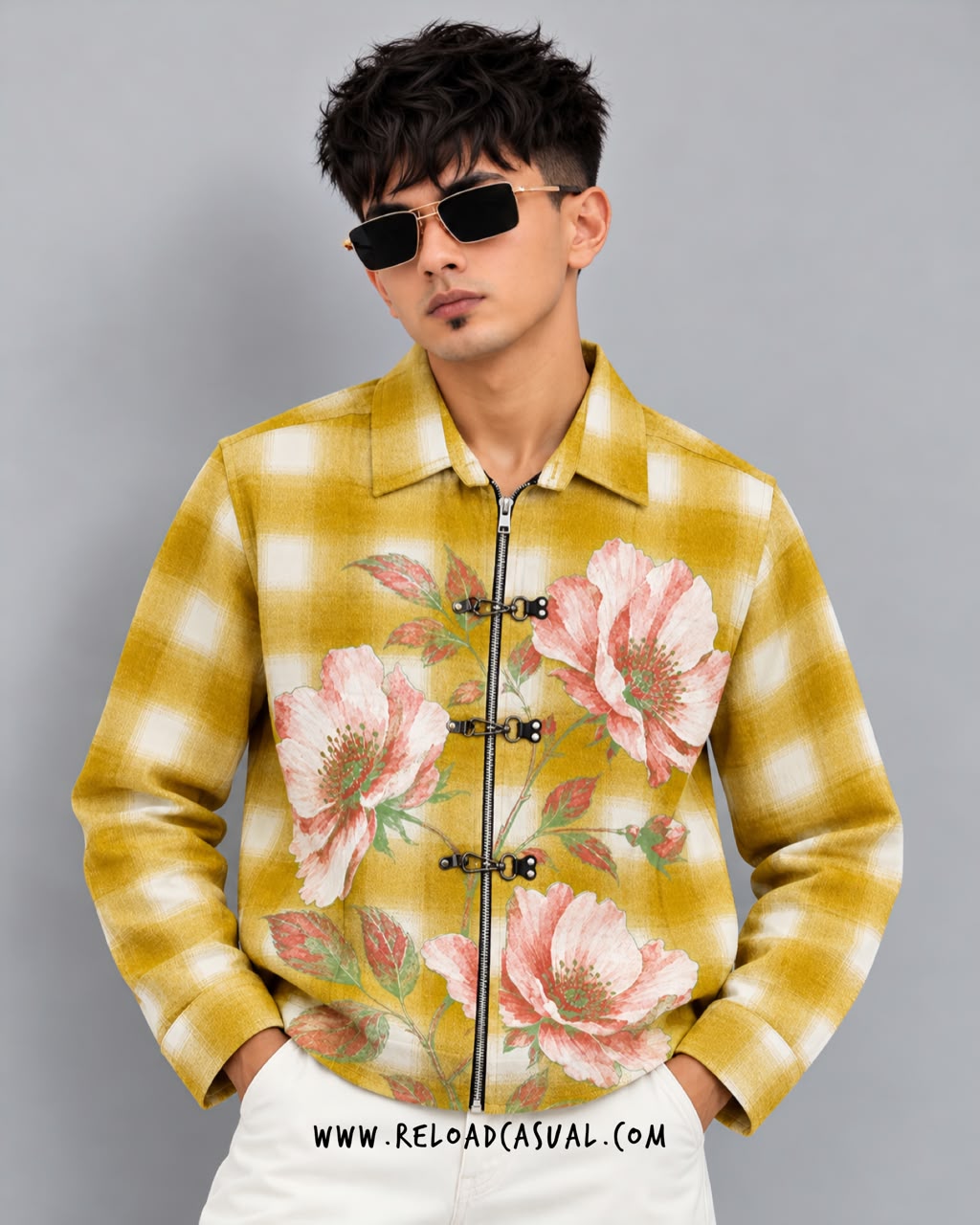 Flower Lock Clasp Check Zip-Up Boxy Shirt