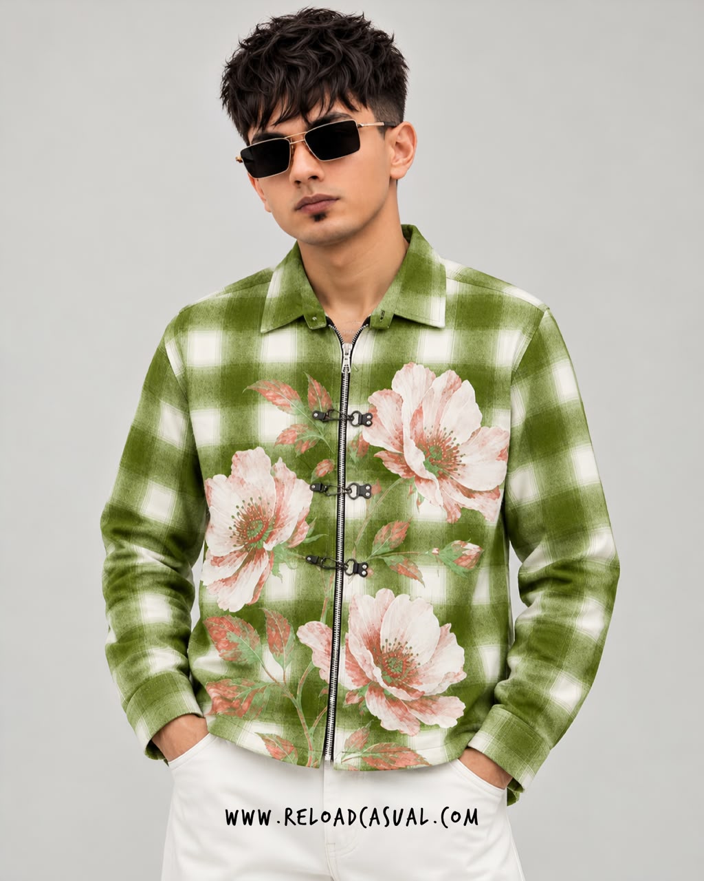 Flower Lock Clasp Check Zip-Up Boxy Shirt
