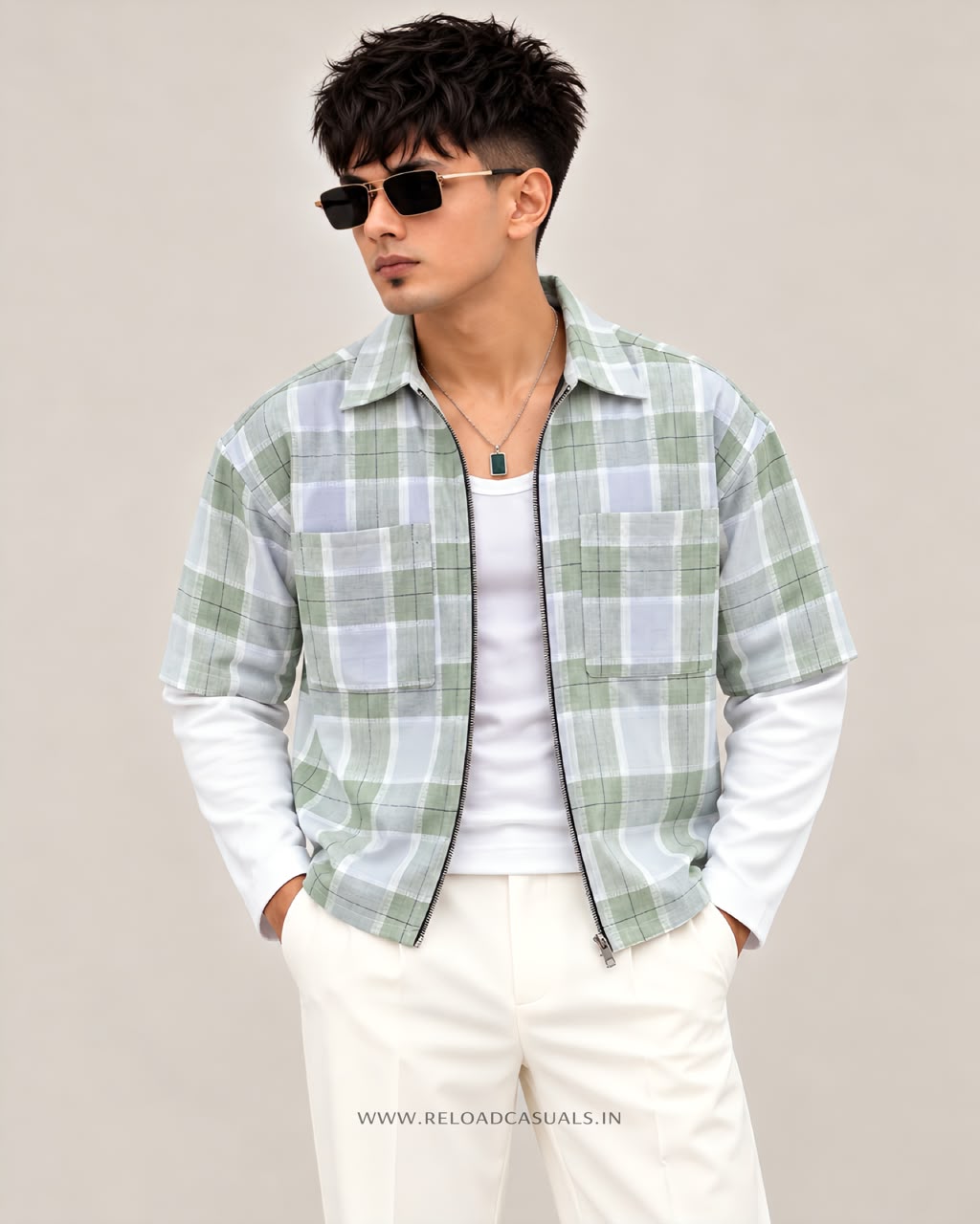Men’s  Check Doctor Sleeve Zip-Up Boxy Fit Shirt