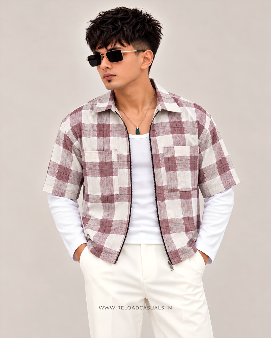 Men’s  Check Doctor Sleeve Zip-Up Boxy Fit Shirt