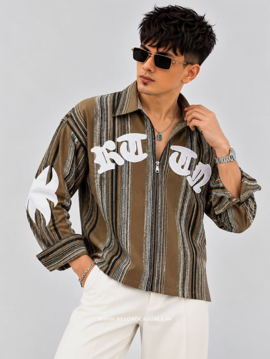 Men's Boxy Fit Corduroy Vertical Striped Zip-Up  Shirt