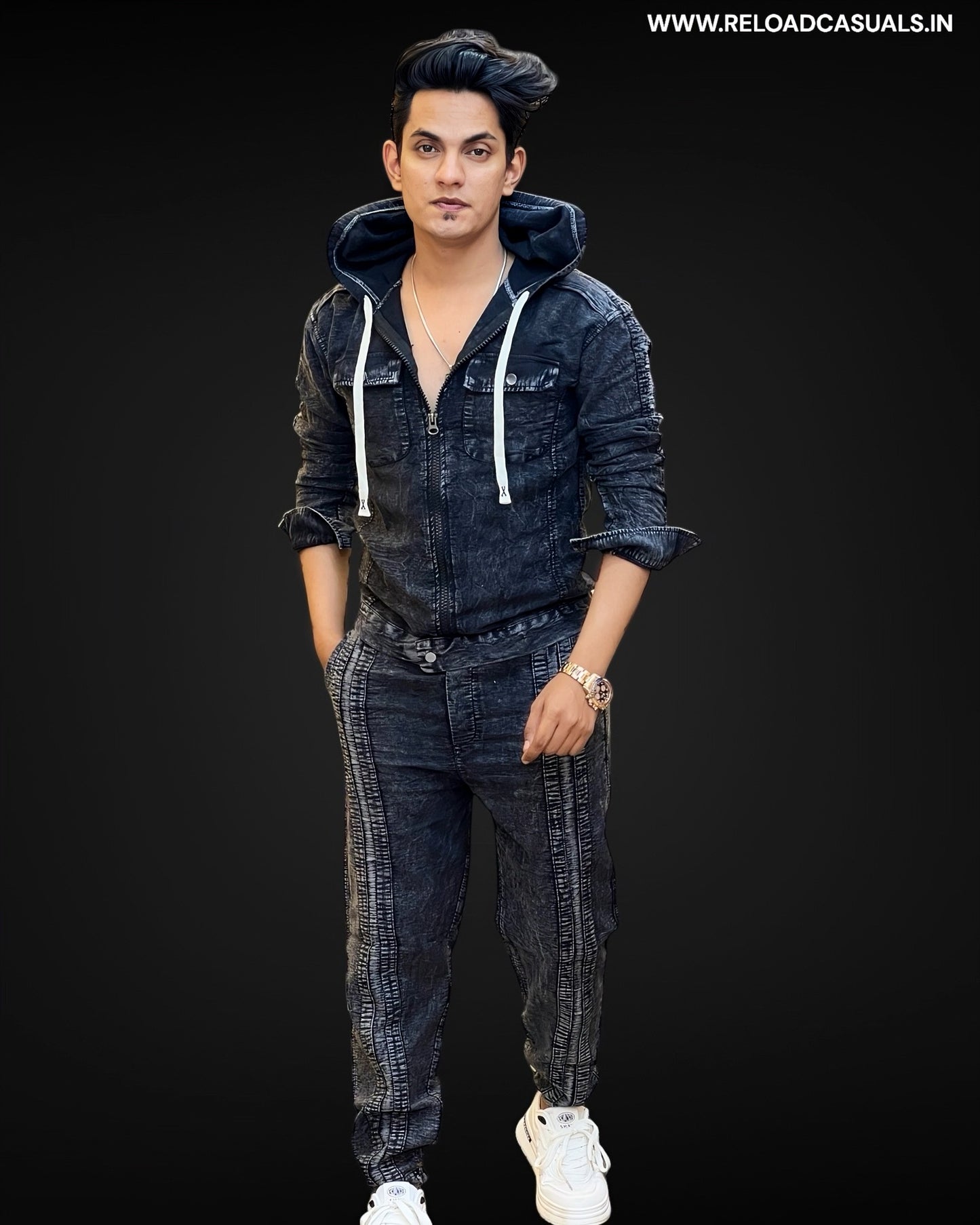 New Dude Style Denim Washed Hoodie Track Suit - Combo