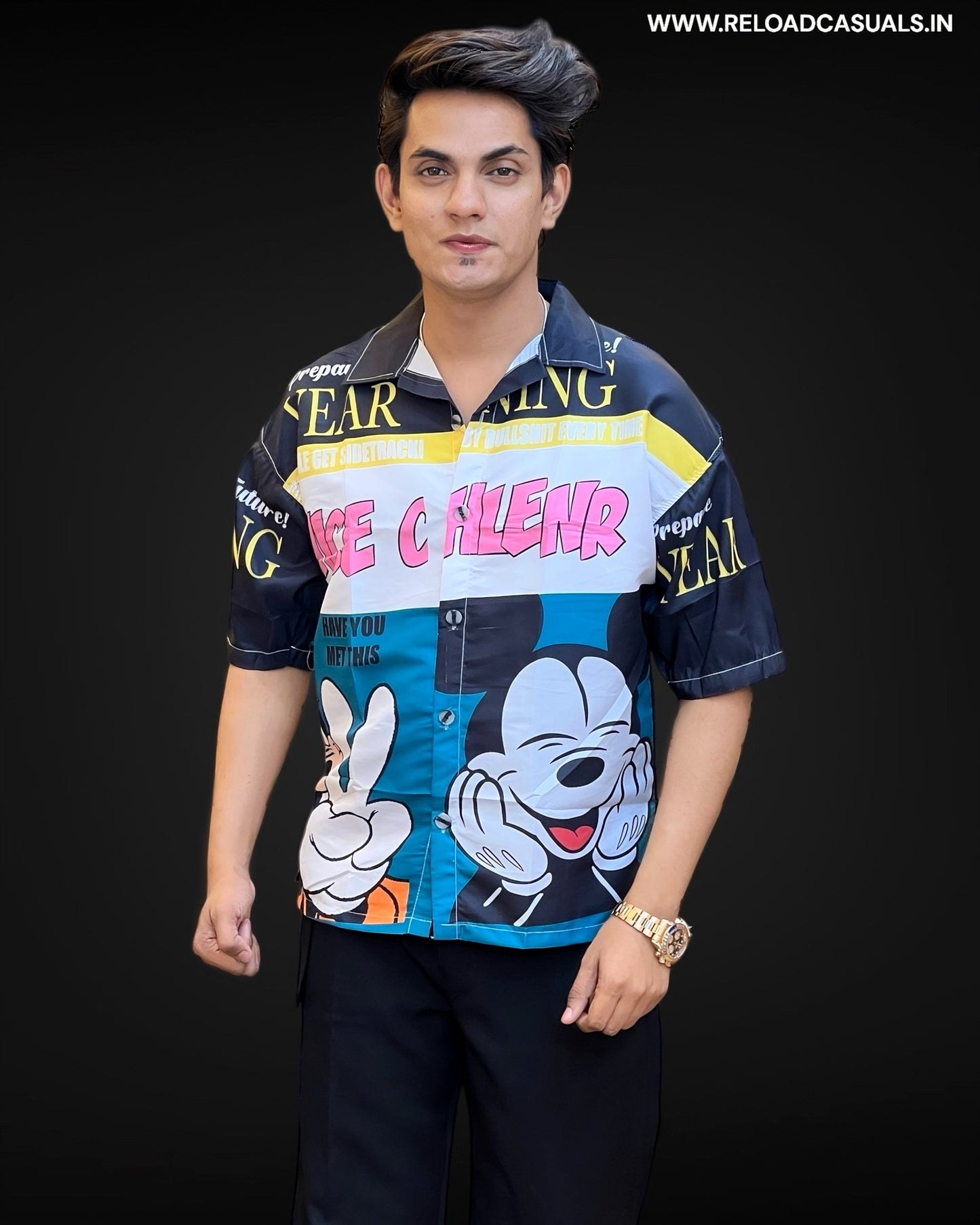 Micky Color Block Cartoon Print Half Shirt