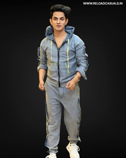 New Dude Style Denim Washed Hoodie Track Suit - Combo