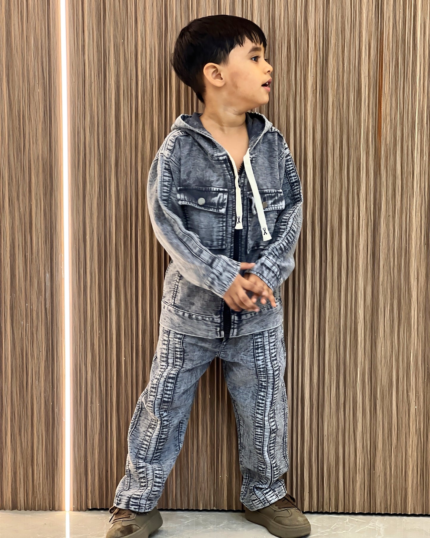 New Mini Dude Style Denim Washed Hoodie Tracksuit