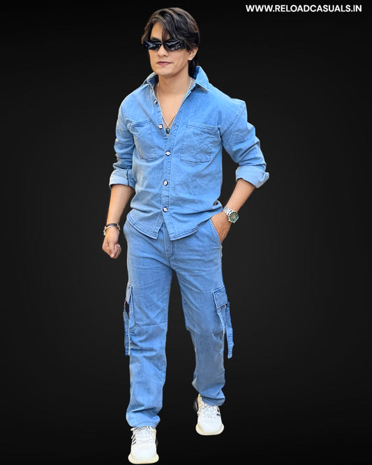 Solid Cargo Denim Track Suit Combo
