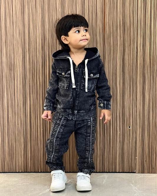 Mini Dude Style Denim Washed Hoodie Tracksuit