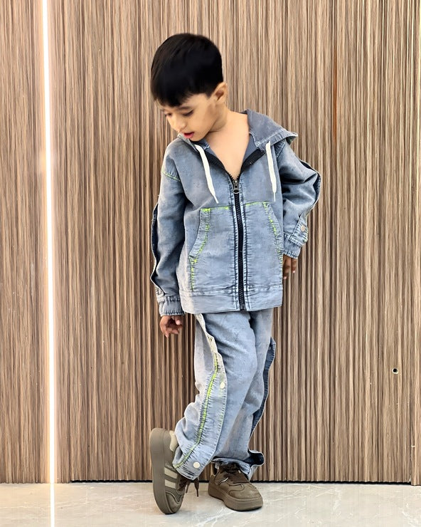 Mini Dude Style Denim Washed Hoodie Tracksuit